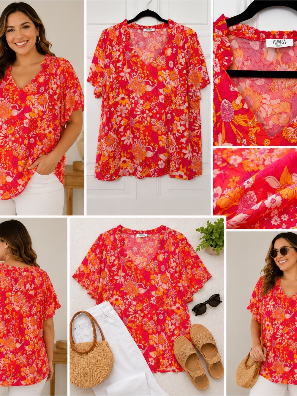 Avara Bright Floral V-Neck Blouse — Pink & Orange